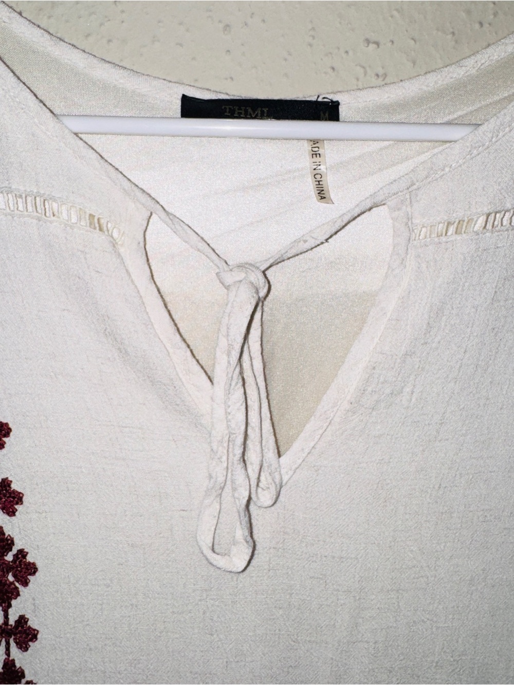 THML Boho Linen Blend Tassel Tie Cream Embroidered Mini Shirt Dress - Picture 5 of 9